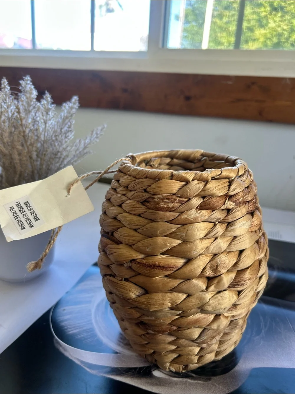 Natural Woven Accent Vase - Brown Small Rattan Vase for Flowers, Rustic Deco